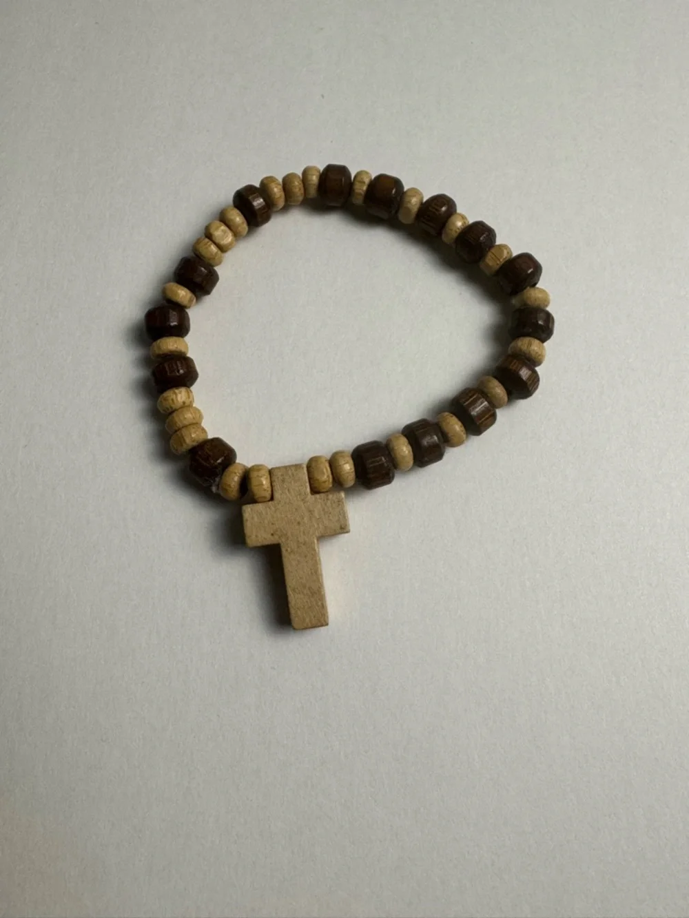 Wood Bead Cross Bracelet in Light and Dark Brown